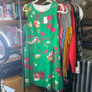 J. Crew Factory Green Floral Midi Dress with Pink and Yellow Accents
